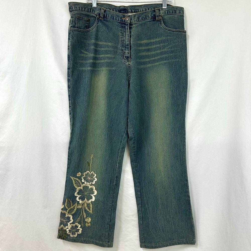 VINTAGE 90s Y2K Floral Embroidered Wide Leg Jeans Women's 18 Plus Fairy Grunge